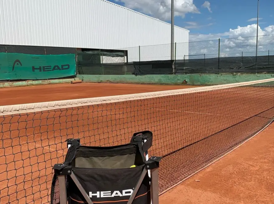 imagen de cubo de bolas y red de tenis